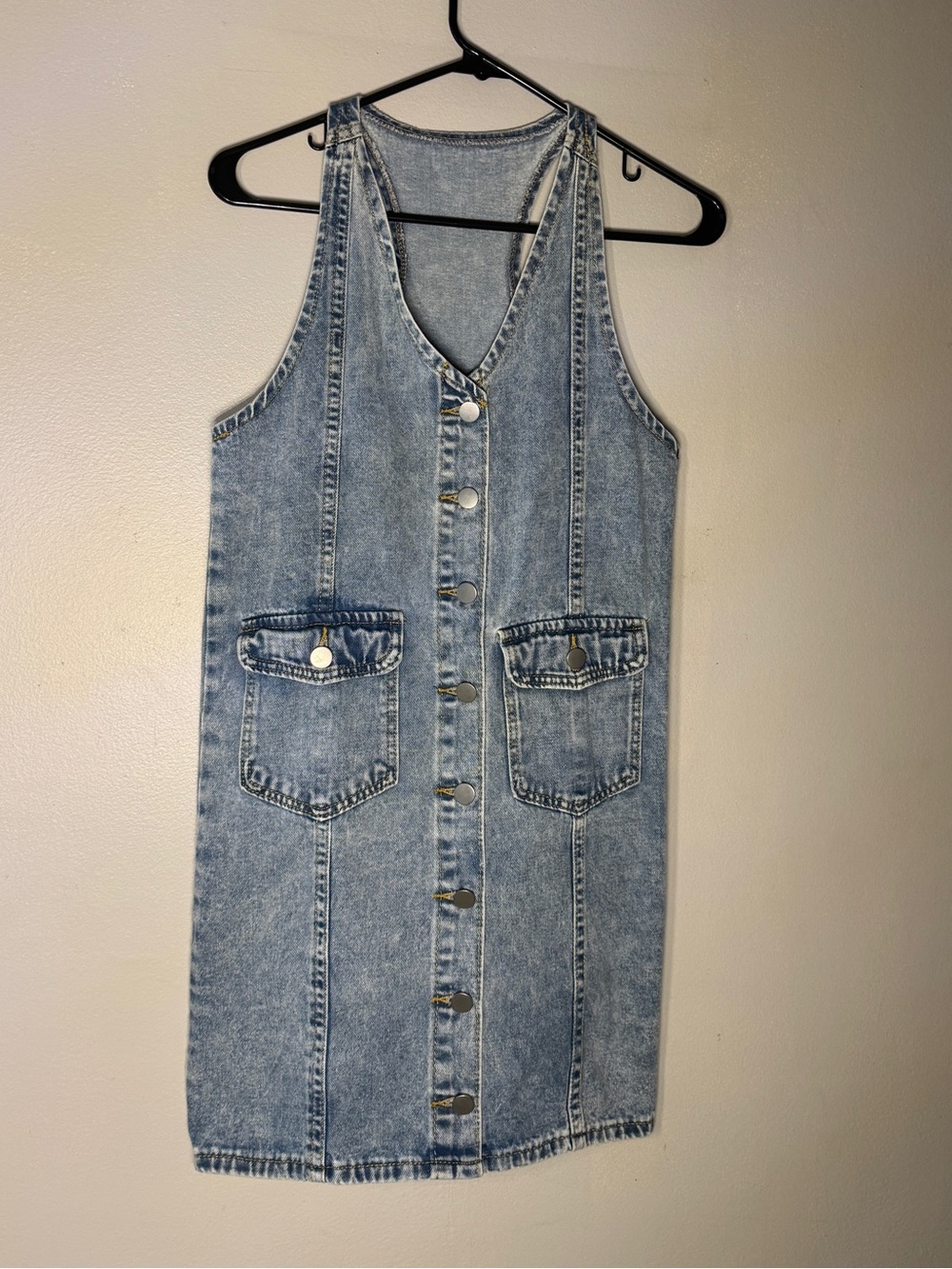 Button-Front Light Wash Denim Dress with Patch Pockets